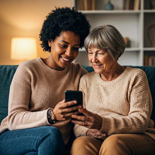 Woman and her mother smiling while sharing a phone together on the couch